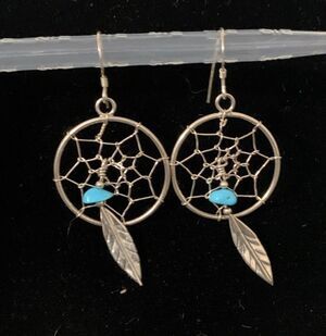 Native American Sterling Silver Dream Catcher Earrings Turquoise Feather
